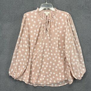 Tamara H. Top Women Plus‎ 1X Pink Dots Blouse Tunic sheer long sleeves